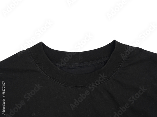 Foto Close-up of a plain black crew-neck t-shirt collar and upper chest on Transparent background, showing fabric texture and stitching, minimalist apparel mockup