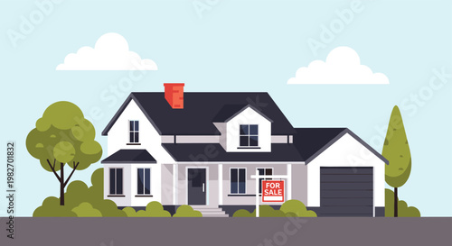 Modern suburban house with white walls and black roof for sale with red sign in the front yard flat illustration.