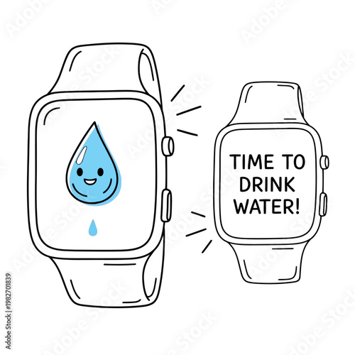 Smart watch with hydration notification and cute water drop character on screen for healthy habits reminder and liquid intake tracking in simple outline style.
