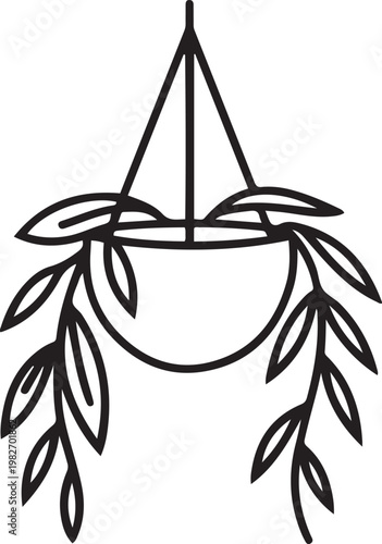 Vector isolated one single hanging flowerpot with hanging leaves lianas. one line icon drawing vector