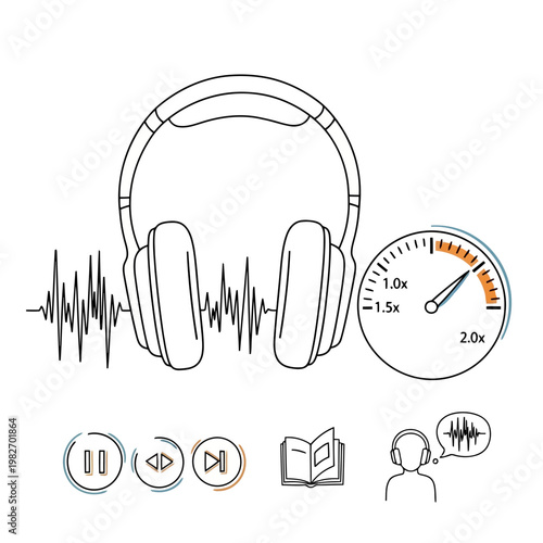 Audiobook concept with headphones, sound waves, speed control gauge, playback buttons, open book, and listening person icon.