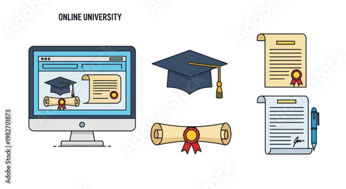 Online University Education: Computer, Graduation Cap, Scrolls, Diploma and Pen