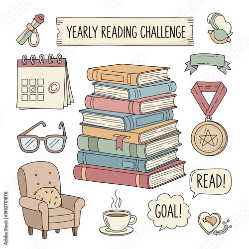 Yearly reading challenge concept with stacked books, calendar, medal, comfy armchair, glasses, hot beverage, and celebratory elements.