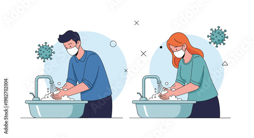 Man and woman wearing face masks washing their hands at a sink to prevent virus spread in flat vector illustration.