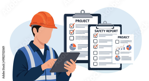 Construction Worker with Tablet and Project Safety Reports