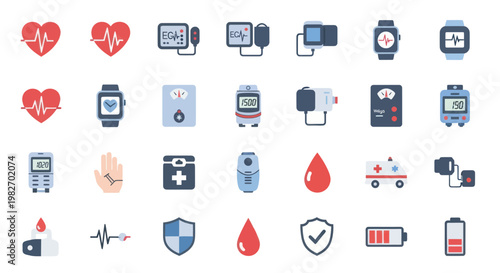 Health Monitoring Icons: Heartbeat, Blood Pressure, Smartwatch, Blood Drop, Ambulance