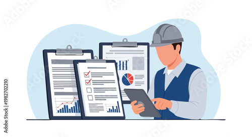 Engineer with Tablet and Reports. Business Analysis. Project Management. Data Visualization.