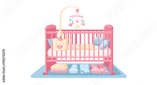 Cozy pink baby crib with mobile toy and pillows standing on a blue rug in nursery room flat illustration.