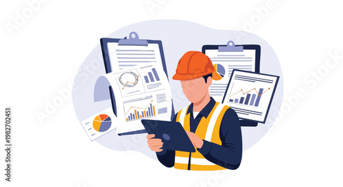 Construction worker analyzing data on tablet, charts and graphs
