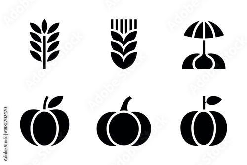 A collection of black icons representing various farm products and symbols on a white background