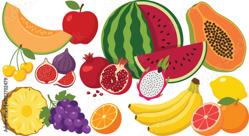 Fresh Tropical Fruit Collection with Watermelon Papaya Pineapple Banana and Citrus Slices Colorful Healthy Food Vector Illustration Set