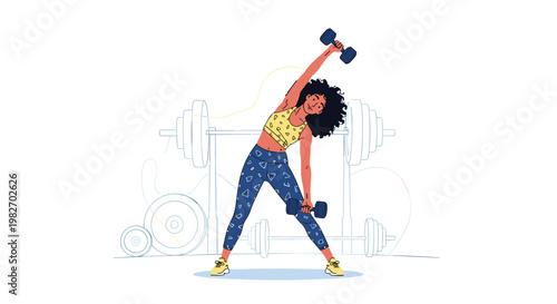 Fit woman with curly hair performs side stretches using dumbbells while working out in a gym with weightlifting equipment.