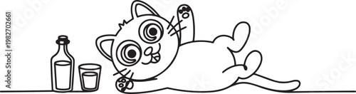 cute cartoon funny lying on back drunk cat with bottle and glass. one line icon drawing vector