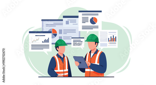 Construction Workers Analyzing Reports on Tablet