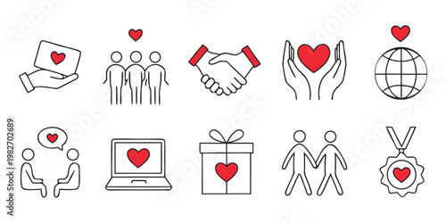 Vector illustration of a medical doctor and nurse team with a red heart symbol and people icons representing a professional healthcare business concept.