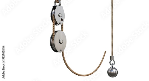 Metallic pulley system with rope and sphere isolated on white background