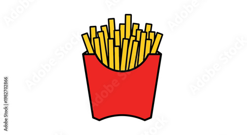 Cartoon illustration of golden french fries in a red paper container
