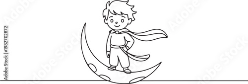 cute cartoon little prince fairy tale boy character standing on a moon. one line icon drawing vector