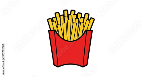 Illustration of golden french fries overflowing from a red paper container