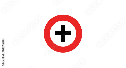 Red circular sign with a white background and black medical cross
