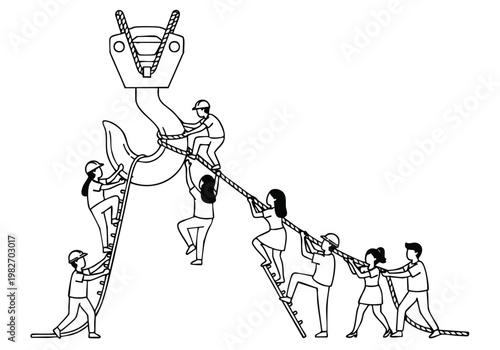 Teamwork Effort Lifting Heavy Hook with Crane and Ladders