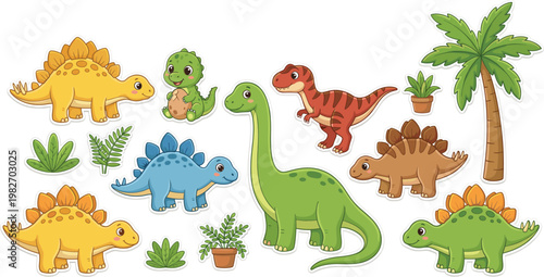 Cute Dinosaur Cartoon Set with Stegosaurus T Rex and Brachiosaurus Characters with Tropical Plants for Kids Education and Nursery Design
