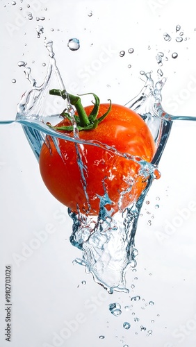 A vibrant red tomato splashing into water