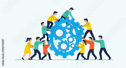 Teamwork concept illustration: diverse people working together to turn a large gear
