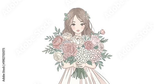 Pastel watercolor anime girl holding flower bouquet, romantic hand drawn woman with roses and peonies, soft aesthetic floral character illustration