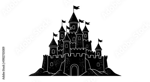 A detailed black and white illustration of a medieval castle with flags