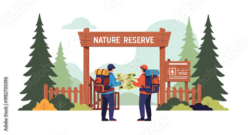 Two hikers with large backpacks stand before the wooden gate of a Nature Reserve while studying a map to plan their forest adventure.