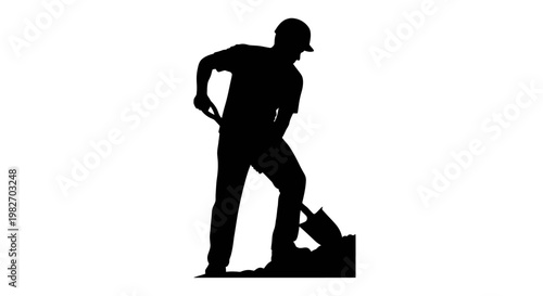 Silhouette of a worker digging with a shovel against a white background