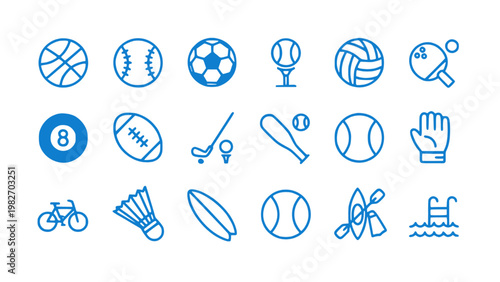 Flat icons featuring various sports equipment and gear. Ideal for athletic and competition themes.