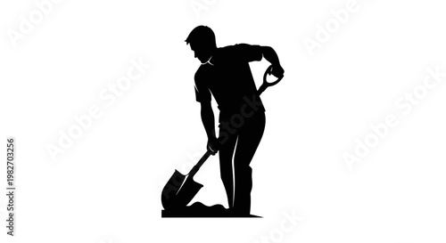 Silhouette of a man digging with a shovel against a white background