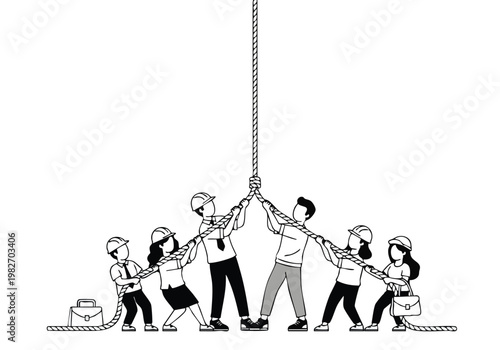 Teamwork Tug of War. Business People Pulling Rope. Unity and Collaboration. Line Art.