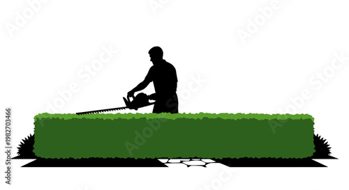 Silhouette of a gardener trimming a neatly shaped green hedge