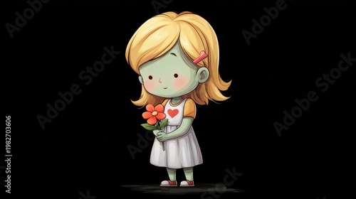 Cute little cartoon zombie girl with green skin and blonde hair holding red flower, wearing white dress with heart design, standing on dark background