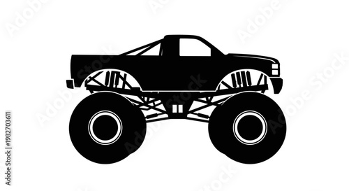 Black silhouette of a monster truck with large tires and a roll cage