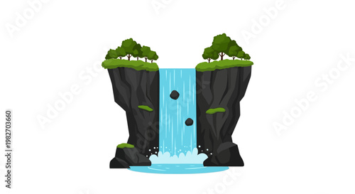 Cartoon illustration of a waterfall between two floating rock islands