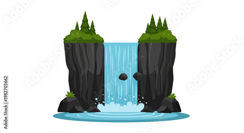 Cartoon illustration of a waterfall cascading between rocky formations