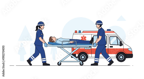 Two paramedics in blue uniforms and helmets transport a patient on a wheeled stretcher towards an ambulance in a city.