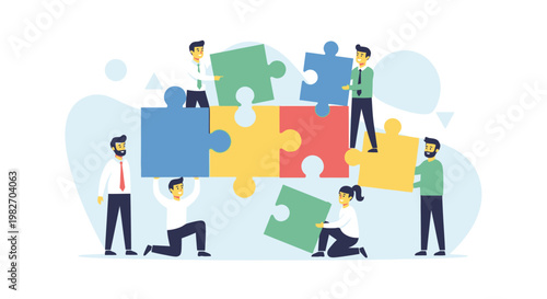 Teamwork puzzle collaboration, business people connecting pieces for success and strategy