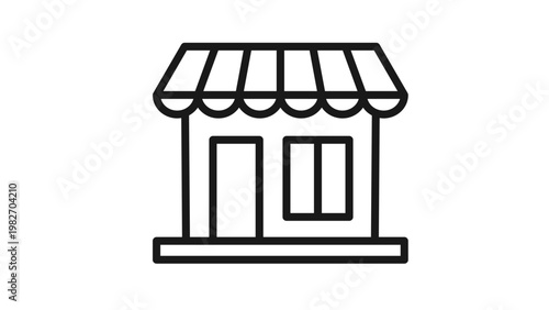 Minimalist black line art vector icon illustration of a small retail store or boutique shop building featuring a striped awning, door, and window, perfect for business and commerce graphics.