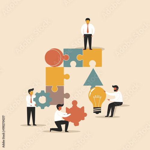 Teamwork, collaboration, and innovation: people assembling puzzle pieces and a lightbulb idea