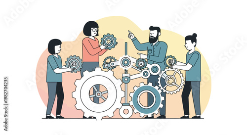 Teamwork, collaboration, and synergy with gears and people working together
