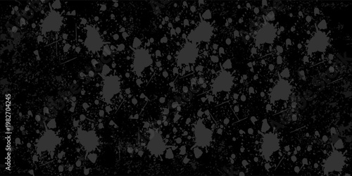 Black abstract background with white paint splatter, grunge texture, high resolution