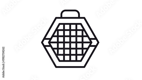 Hexagonal pet carrier vector icon, minimalist black line art illustration of a portable animal transport cage or travel crate with handle and mesh door for small pets, cats, and dogs.