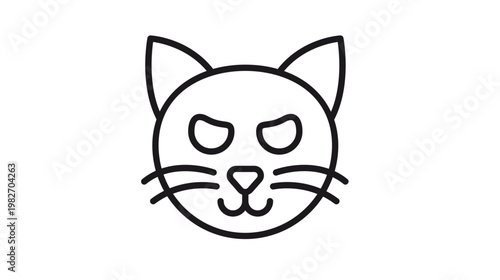 Angry cat face vector icon. Minimalist black line art illustration of a grumpy feline head with whiskers and pointy ears. Scalable symbol for pet-related designs, animal expressions, and web icons.