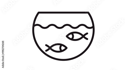 Minimalist black vector icon of a fishbowl with two fish swimming in water with bubbles, clean line art illustration of a pet aquarium symbol for graphic design and web interface elements.