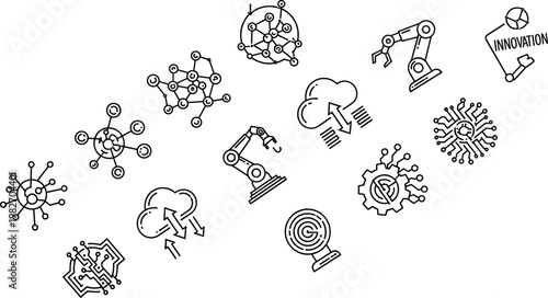 Artificial intelligence and robotics line icons with cloud computing network and innovation symbols isolated on transparent background technology vector illustration